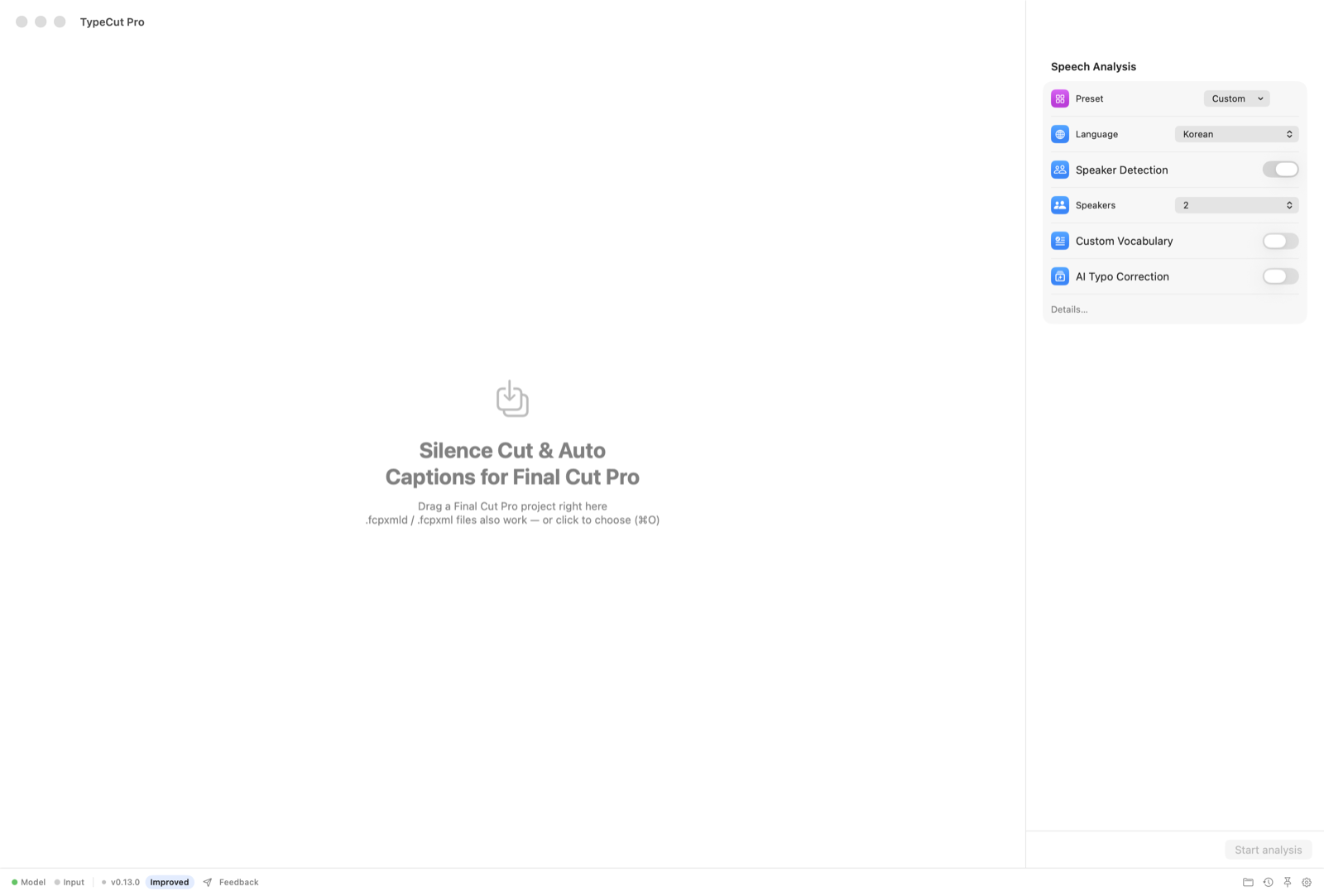 TypeCut Pro main window with silence cut, caption, and output options