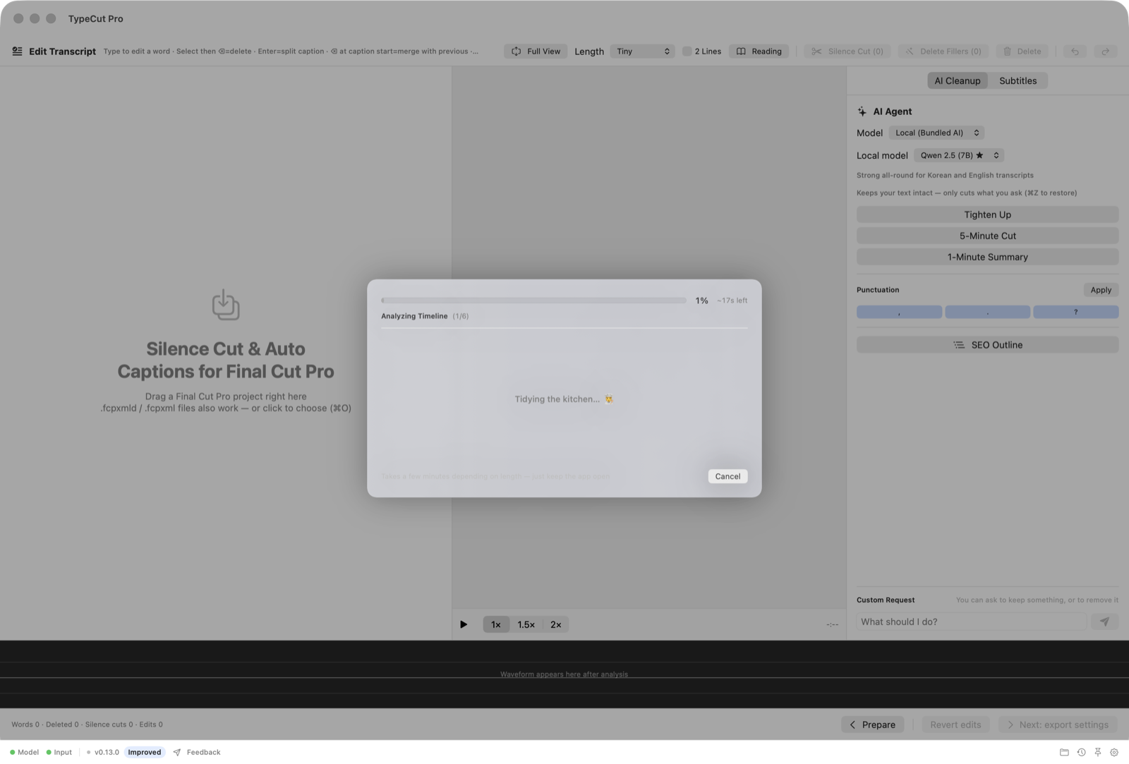 TypeCut Pro analyzing a project with stage-by-stage progress and time remaining